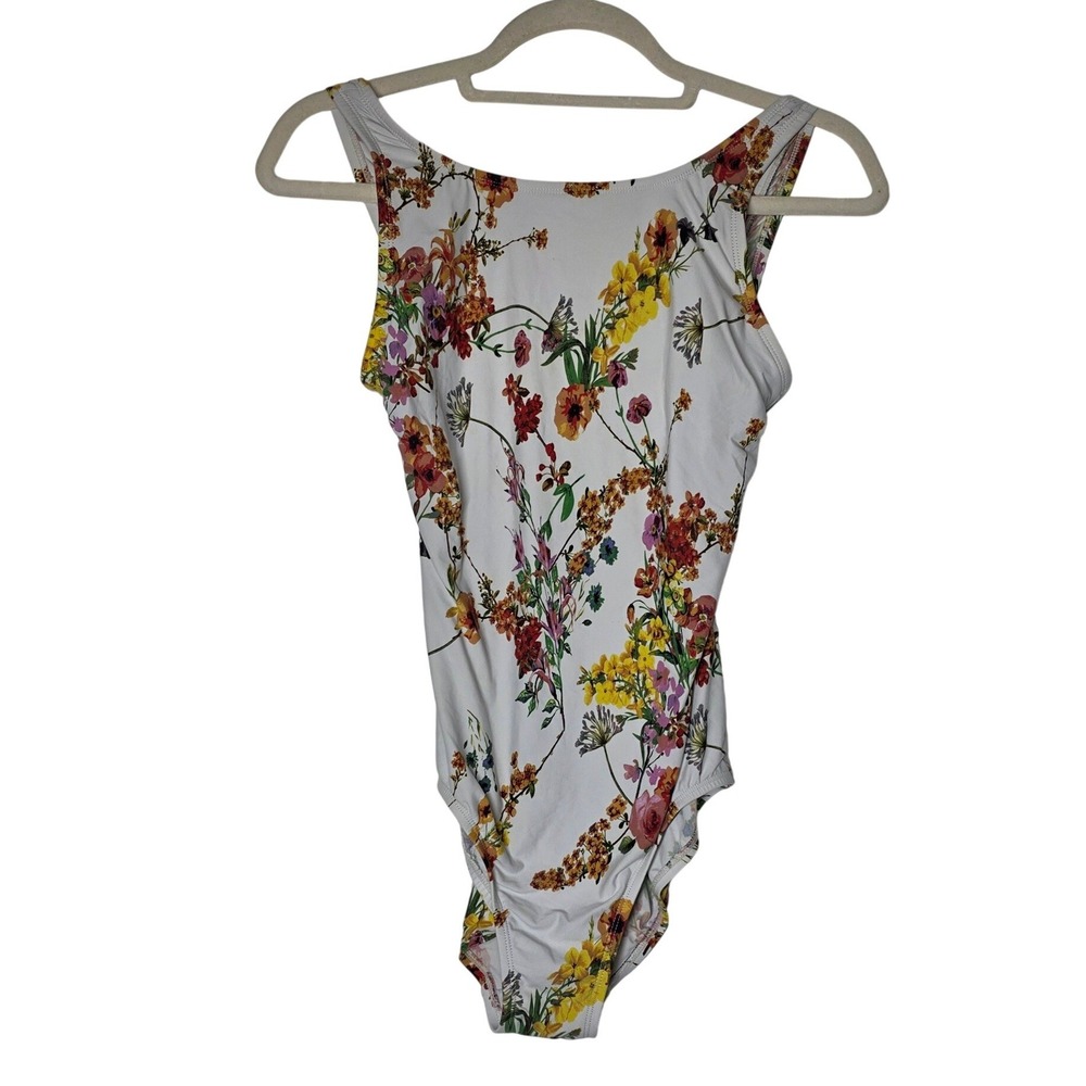 Bleu ice Floral‎ One Piece Swimsuit Size L White Wildflower Scoop Back Swimwear